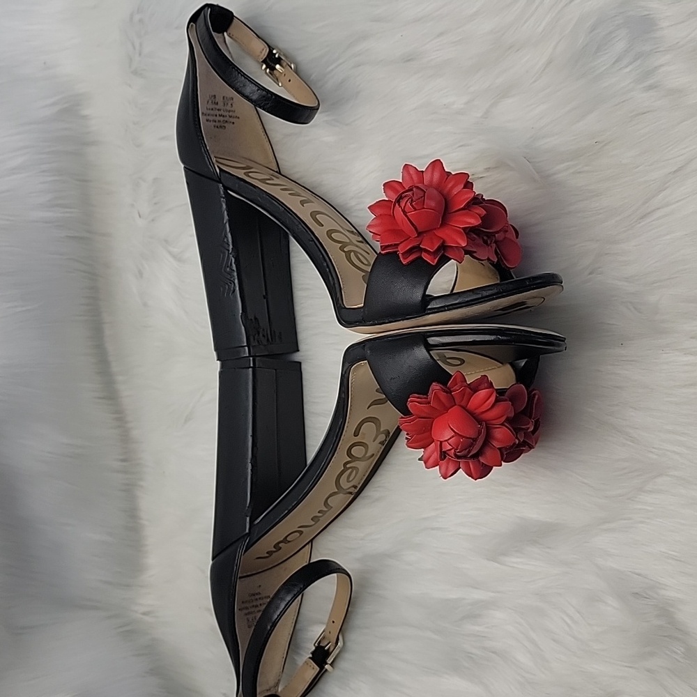SAM EDELMAN Yaro Black Leather Red Rosette Open Toe Party Block Heel Sandals 7.5 - Picture 5 of 16